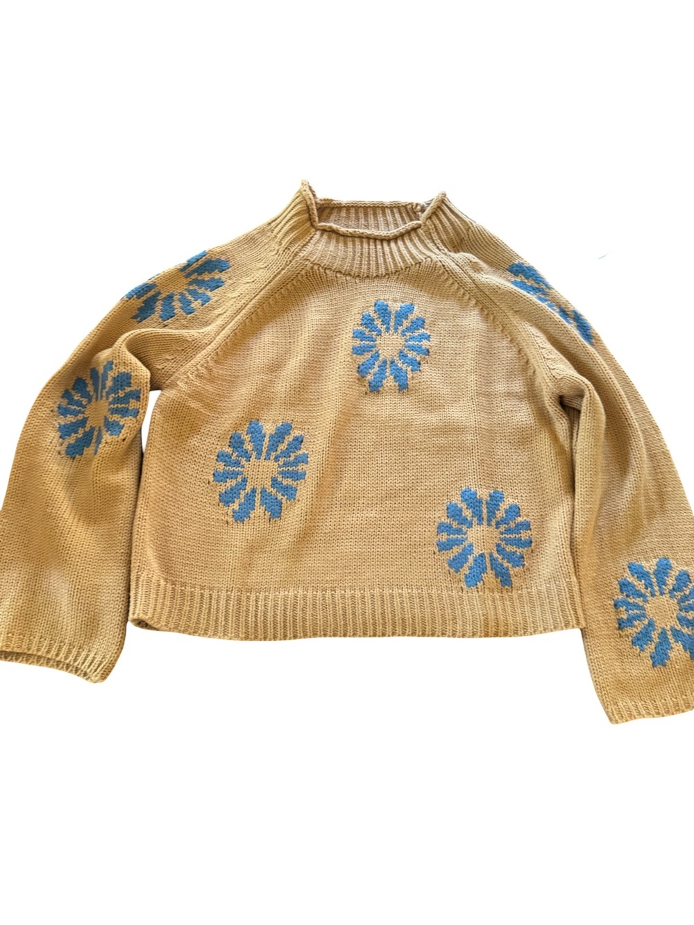 Women's tan Cowl-Neck Sweater with Blue Floral Motif - Picture 2 of 8